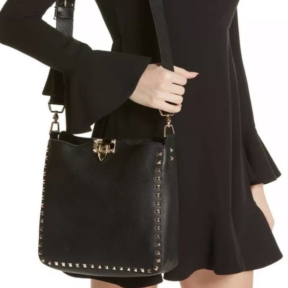 Valentino Garavani Rockstud Flip-Lock Hobo Black Leather Crossbody Bag - Picture 1 of 16